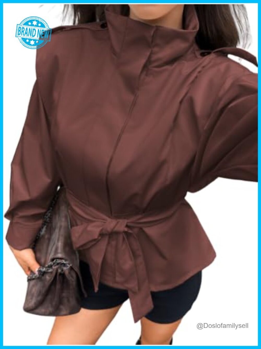 Cropped Trench Coat Button Down Funnel Neck Jacket Relaxed Fit